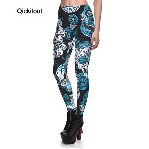 qickitout leggings fitness new women s blue flowers devil skull legging sexy fashion stretch