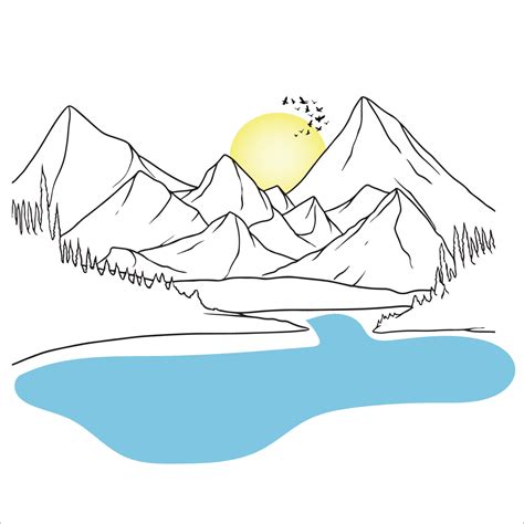 Mountain Line Art Minimalist Landscape Drawing Lake Outline Drawing