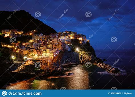 Manarola Village In The Night Cinque Terre Liguria Italy Stock Photo