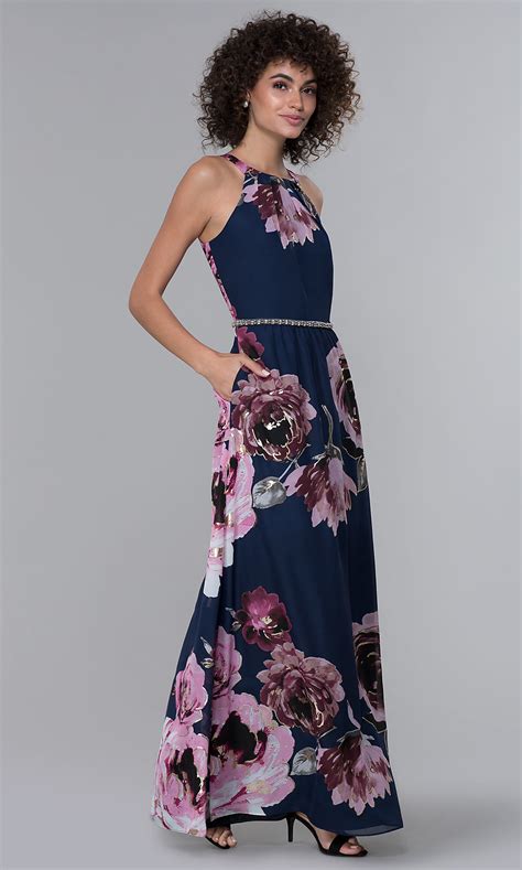 Floral Print High Neck Maxi Length Wedding Guest Dress