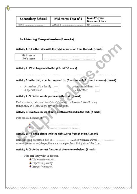 Mid Term Test N°1 First Form Esl Worksheet By Sarette
