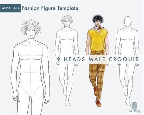 Male Fashion Figure Template 9 Heads Catwalk Pose Etsy Vietnam Male