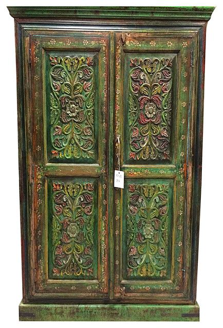 Floral Carved Wood Armoire Hand Painted Cabinet Indian Furniture