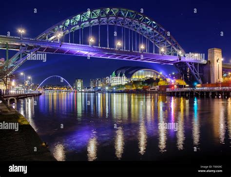 After Dark River Tyne Bridges Between Newcastle Gateshead Spanned By