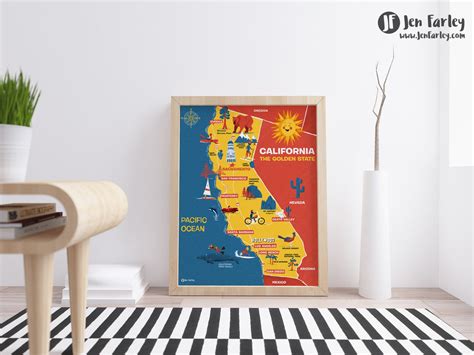 Illustrated Map Of California Cute Golden State Map Kids Etsy