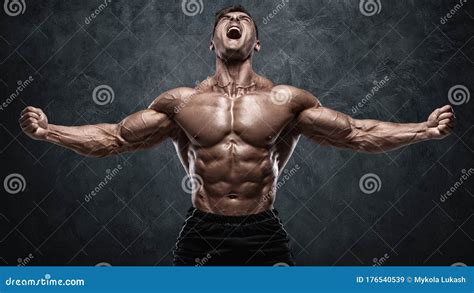Muscular Man Showing Muscles On Wall Background Strong Male Naked