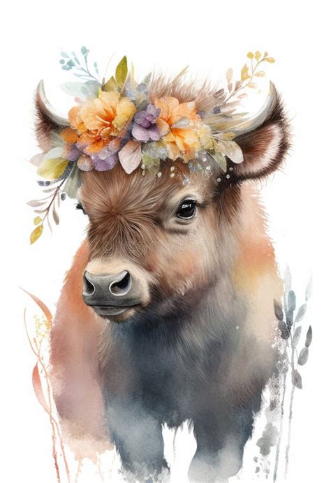 Watercolor Highland Cow Portrait Flowers Crown Stock Illustrations 2