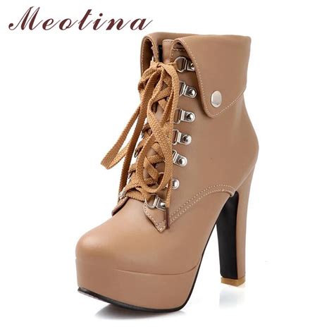 Meotina Women Ankle Boots Platform High Heels Lace Up Motorcycle Boots Winter Fashion Shoes