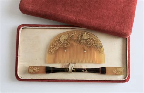 Terrific Vintage Japanese Comb Set Of 2 Resin Comb And Pin Etsy