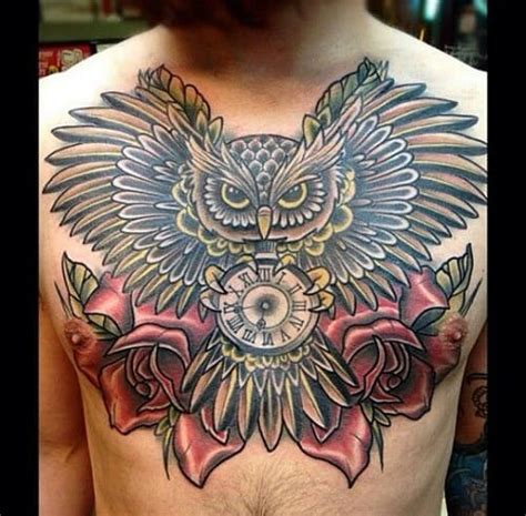 Traditional Owl Chest Tattoo