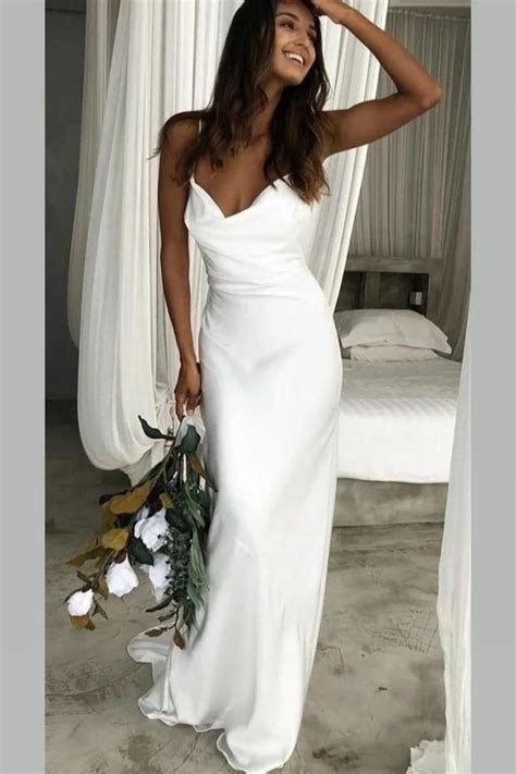 elegant mermaid cowl neckline white simple wedding dresses spaghetti straps bridal dress w1172