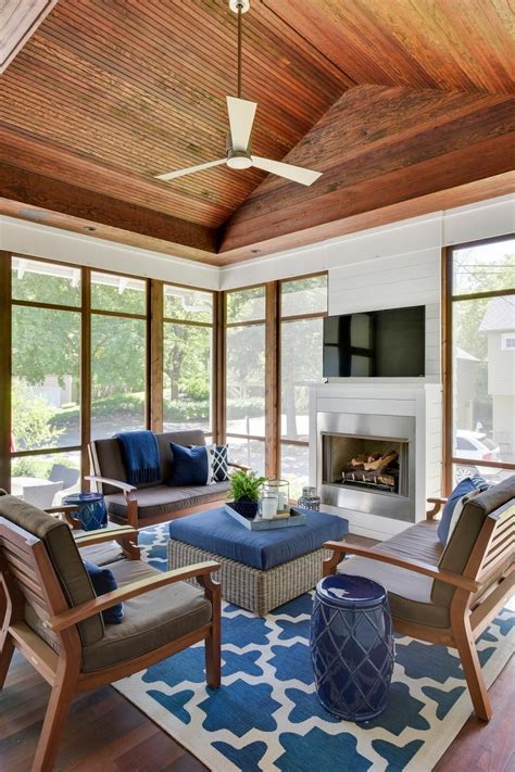 Casual Sophisticated Enclosed Outdoor Living Room With Vaulted Shiplap Ceiling Lake Cottage