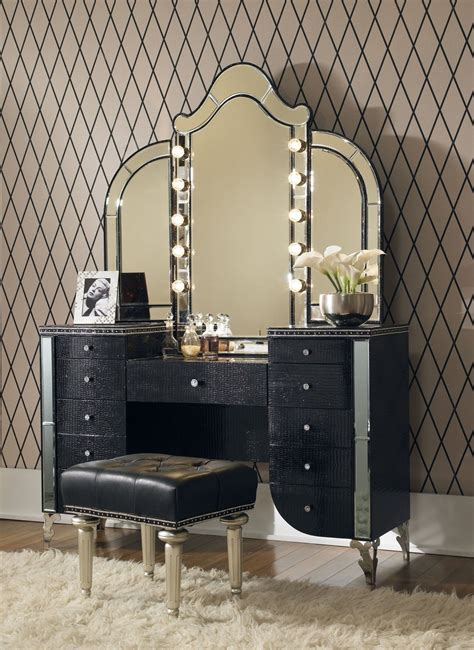 Upholstered Vanity And Mirror Black Iguana Hollywood Swank Home