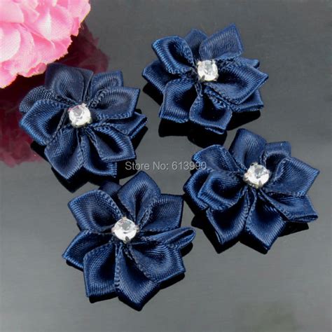 40pcs dark blue handmade small satin flowers with rhinestone fabric flowers appliques craft