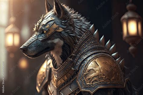A Picture Of A Wolf In Knights Armor Animal With Glowing Eyes And