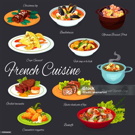 Traditional French Meals France Cuisine Menu Stock Illustration