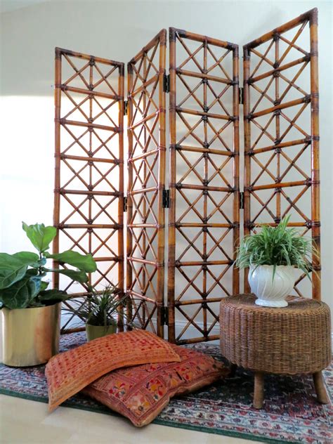 Vintage Bamboo Room Divider Four Panel Folding Screen