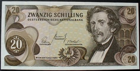 При зміні кута нахилу банкноти спостерігається кінетичний ефект — зміна напрямку руху фонового. 20 Schilling 2.7.1967 Österreich P. 142 kfr | MA-Shops