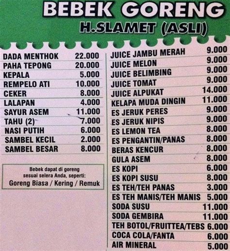 Maybe you would like to learn more about one of these? Harga Menu Bebek Goreng Haji Slamet Terbaru 2017