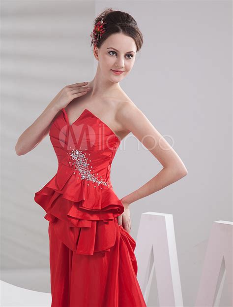 Gorgeous Red Taffeta Strapless A Line Prom Dress