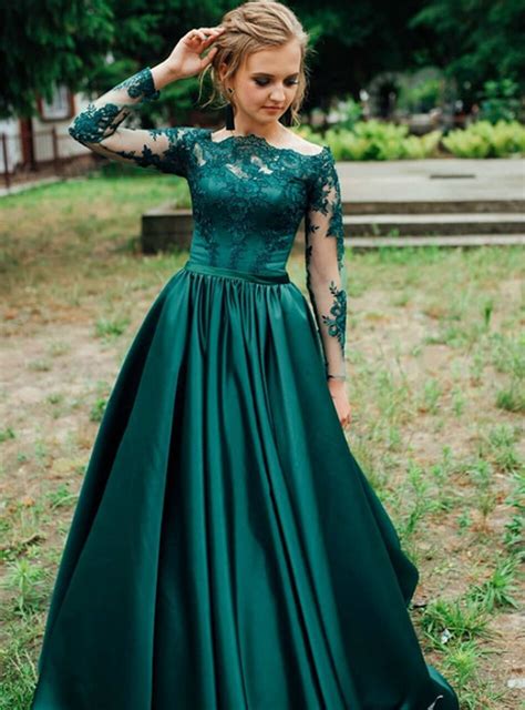 Green Satin Long Sleeve Lace Prom Dress Green Lace Formal Dress In