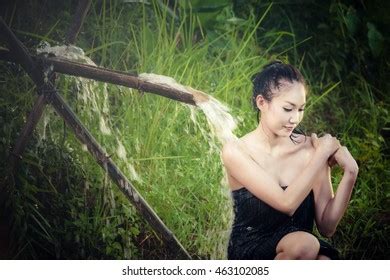 Sexy Asian Woman Bathing Cascade Countrysiderural Stock Photo