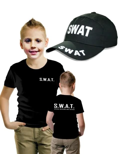 Children Kids Swat Team Shirt And Cap Police Commander Cop Fancy Dress