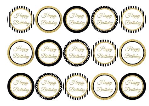Overcome birthday party performance anxiety with these funky, printable cupcake toppers. Black and Gold Happy Birthday - My Cupcake Toppers