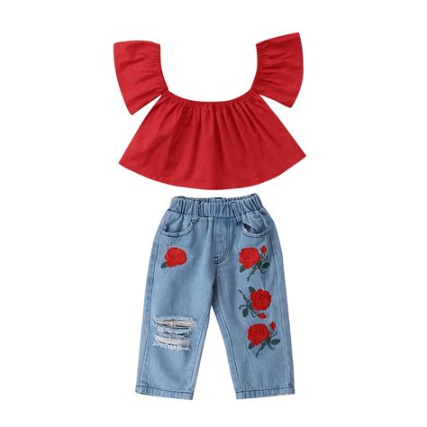 Citgeett 2pcs Baby Girls Kids Flower T Shirt Red Off Shoulder Tops