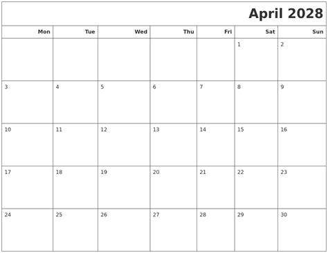 April 2028 Calendars To Print