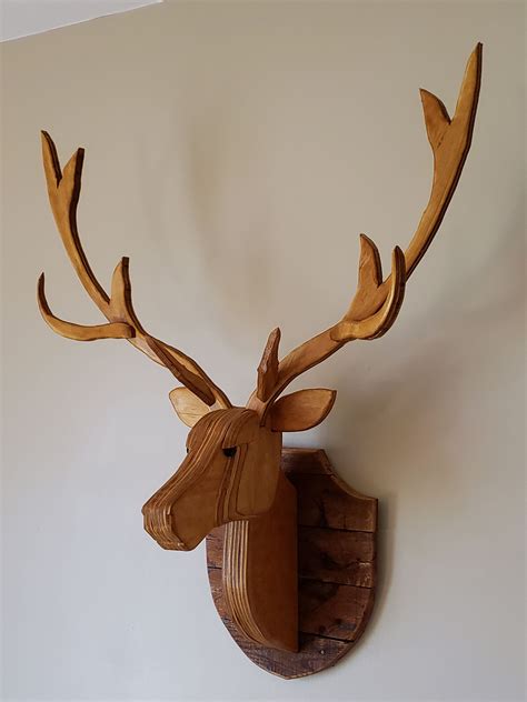 Recycled Wall Mounted Wooden Deer Head Life Size With Antlers Etsy