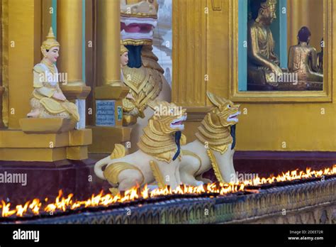Golden Chinthe Half Lion Half Dragon Statues Sculptures With Candles