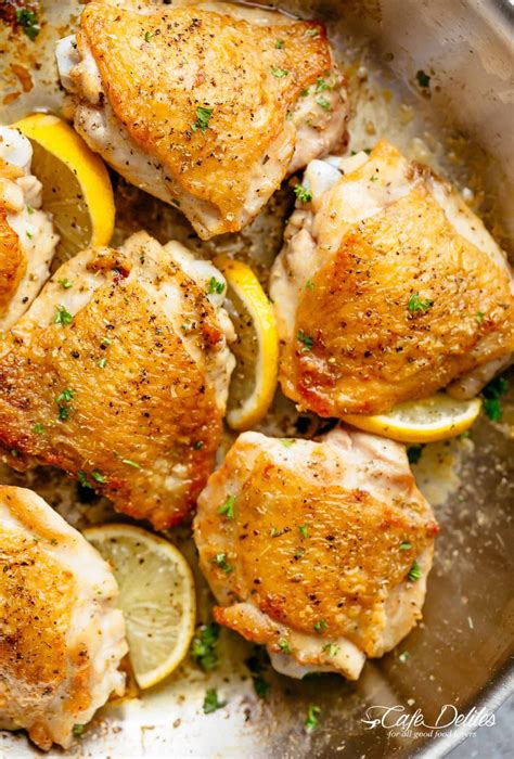 Roasting chicken thighs in the oven until they're tender, juicy and crispy is a skill that's easy to master. Roast Lemon Chicken thighs with crispy skin pan, seared ...