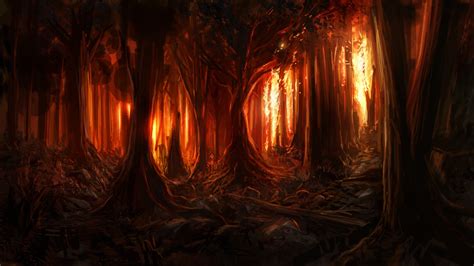 Digital Art Nature Trees Forest Painting Burning Fire Wood