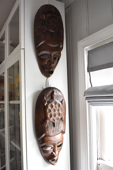 pair  large haitian masks wall decor hand carved caribbean wood vintage housewarming