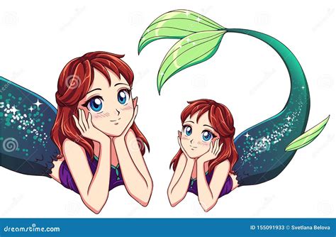 Pretty Anime Lying Mermaid Red Hair And Shiny Green Fish Tail Stock