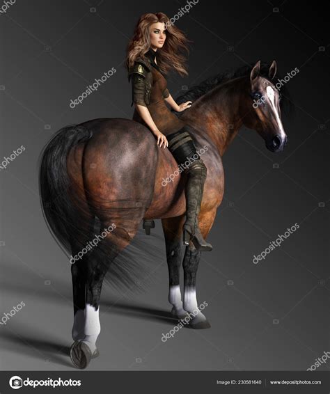 Cgi Fantasy Rider Lederen Harnas Baai Paard Bareback ⬇ Stockfoto