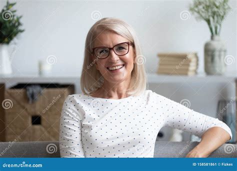 Head Shot Portrait Smiling Mature Woman In Glasses At Home Stock Image Image Of Concept Aged