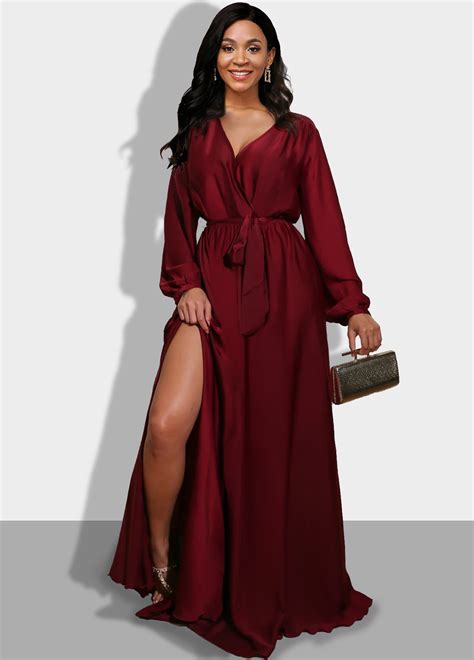 Rotita Side Slit Wine Red Long Sleeve Maxi Dress Usd 3699