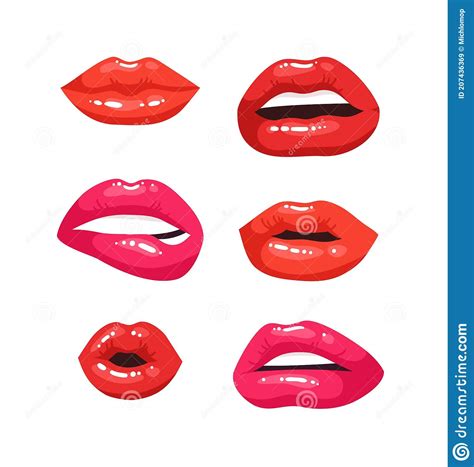 Female Lips With Red Lipstick Vector Fashion Illustration Woman Mouth Set Stock Vector