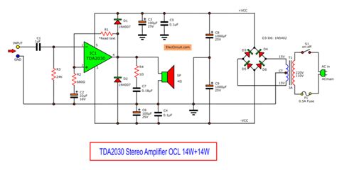 Tda2030 bridged audio amplifier circuit p. 14 watt OCL TDA2030 stereo amplifier circuit - ElecCircuit