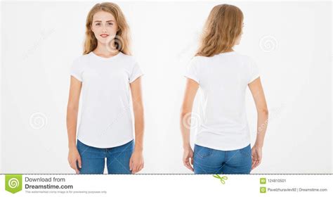 Front And Back Views Of Young Caucasian Girl Woman In Stylish T Shirt
