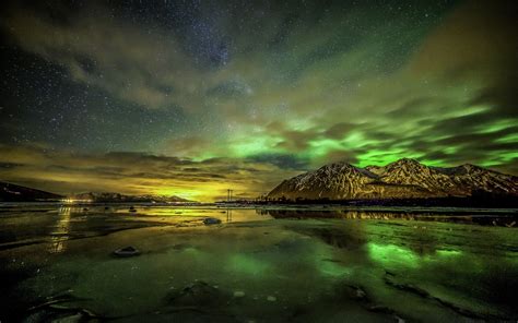 463862 Norway Aurorae Lake Stars Nature Lights Landscape Trees