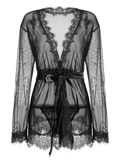 Lace Trim Sheer Wrap Kimono Dress Black 2xl Night Wear Lingerie Lingerie Dress Sheer