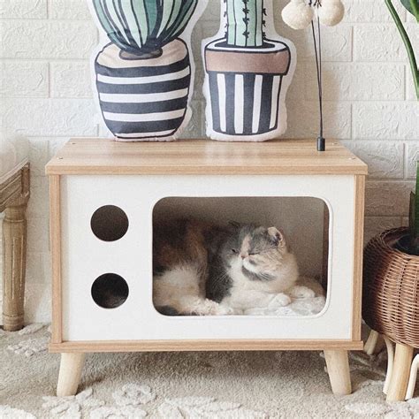 197 Square Wooden Cat House Tv Shape Cat Bed With Teasing Toy In 2021