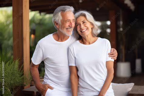 Old Mature Couple With Matching Mockup White T Shirt Mockup Happy