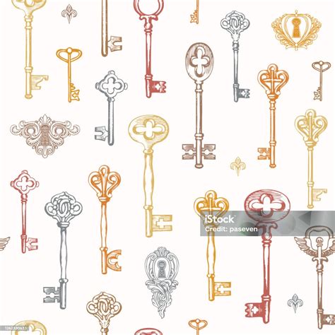 Seamless Pattern With Vintage Keys And Keyholes Stock Illustration