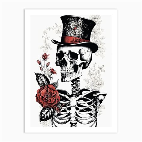 Floral Skeleton With Hat Ink Painting 52 Art Print By 1xmerch Fy
