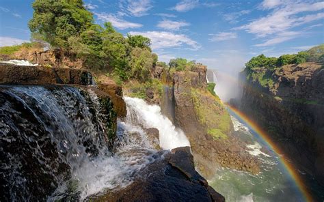 Wallpaper Waterfall Grass Rainbow River 2560x1600