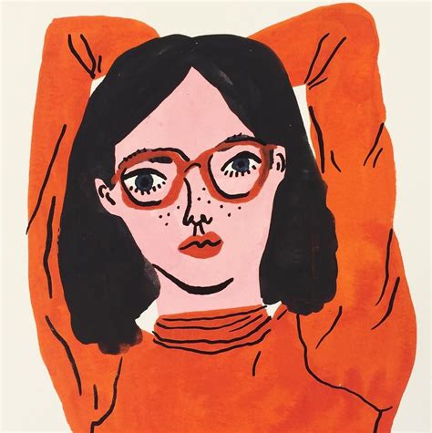 A Drawing Of A Woman Wearing Glasses And An Orange Sweater With Her Hands Behind Her Head